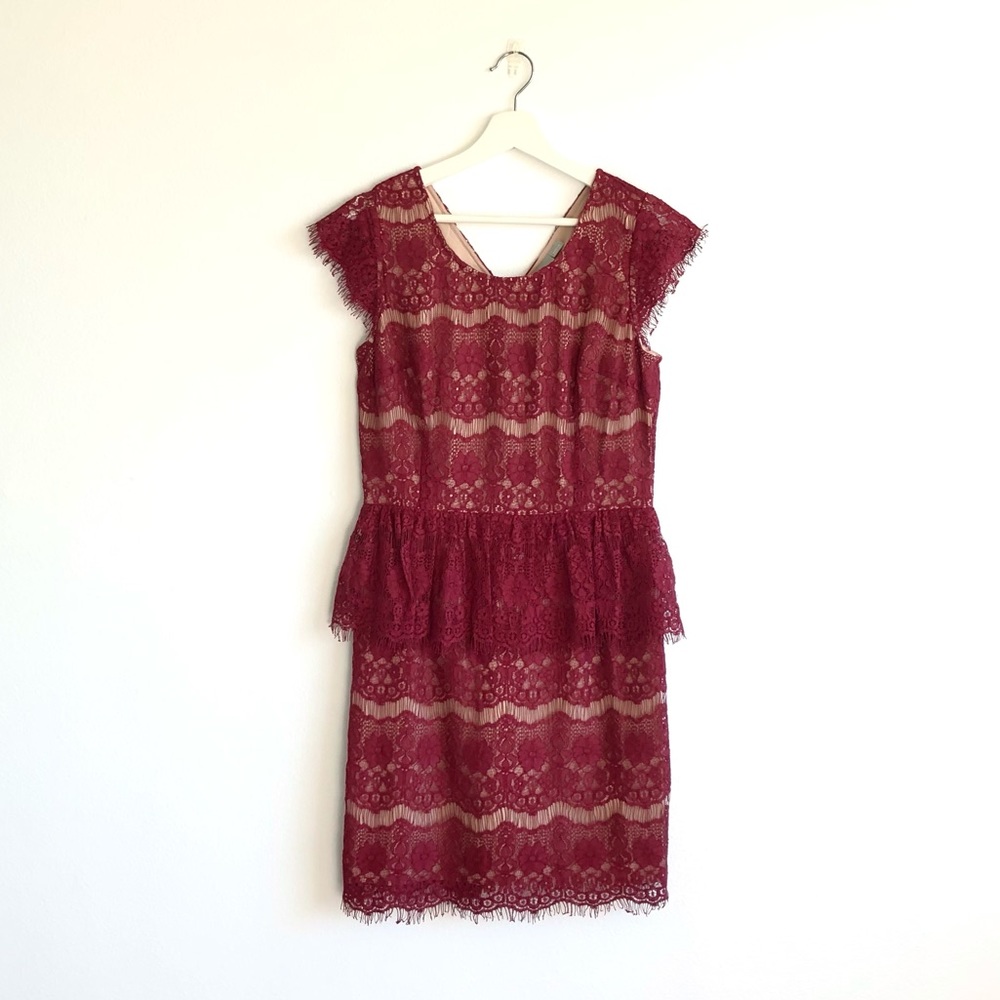 Anthropologie Maeve Elsa Maroon Eyelash Lace Peplum Dress Size Medium